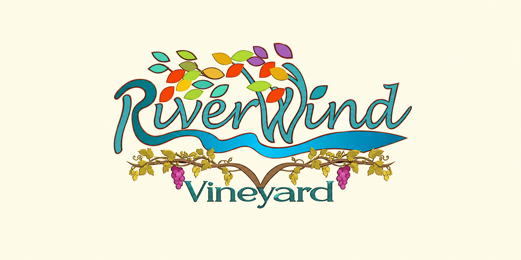 Colorful logo for RiverWind Vineyard featuring stylized grapes and vibrant leaves