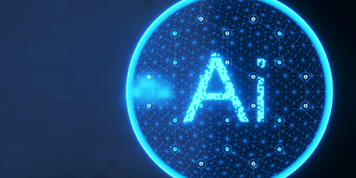 Abstract digital representation of "AI" surrounded by illuminated nodes and connections