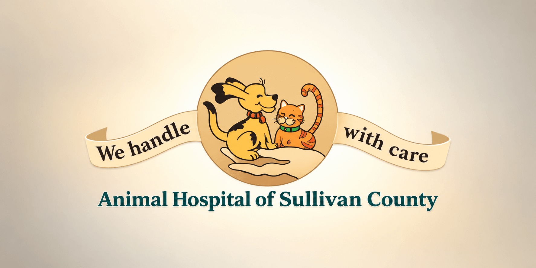 Logo featuring a dog and cat with a hand, for Sullivan County Animal Hospital