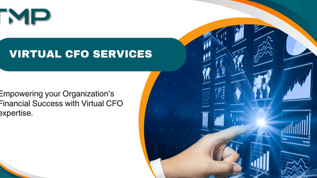 Graphic showcasing "Virtual CFO Services" with a hand pointing at a digital financial dashboard and data visualizations.