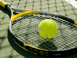Tennis racket on a court with a tennis ball resting on the strings