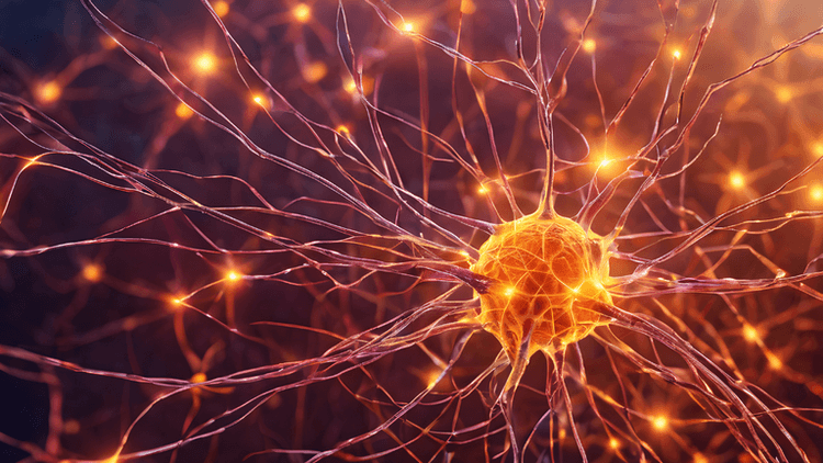 Close-up of a glowing neuron with branching connections and bright synapses