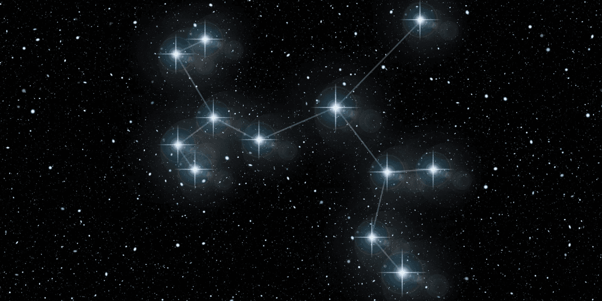 A constellation of stars connected by lines against a dark starry background