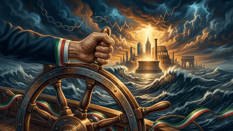 Hand gripping ship wheel amid stormy seas, lightning, and Italian skyline symbolizing economic turmoil and resilience.