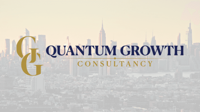Quantum Growth Consultancy logo with a global financial background highlighting key international cities.