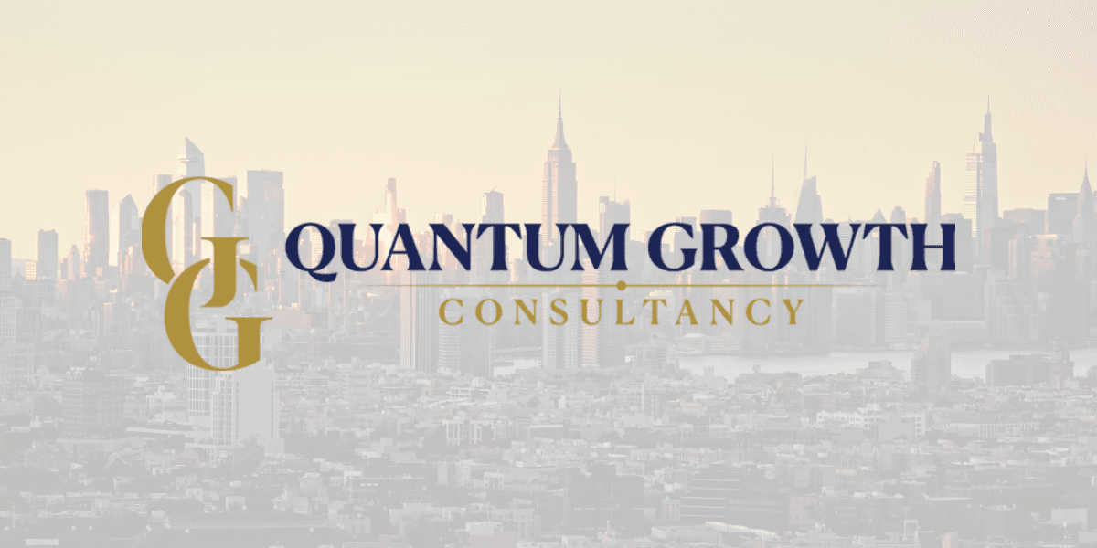 Quantum Growth Consultancy logo with a global financial background highlighting key international cities.