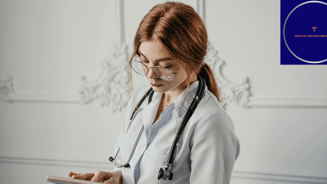 "Female healthcare professional with a stethoscope, wearing glasses and a white coat, focused on a tablet, with the 'Therapay Business Solutions' logo in the corner."