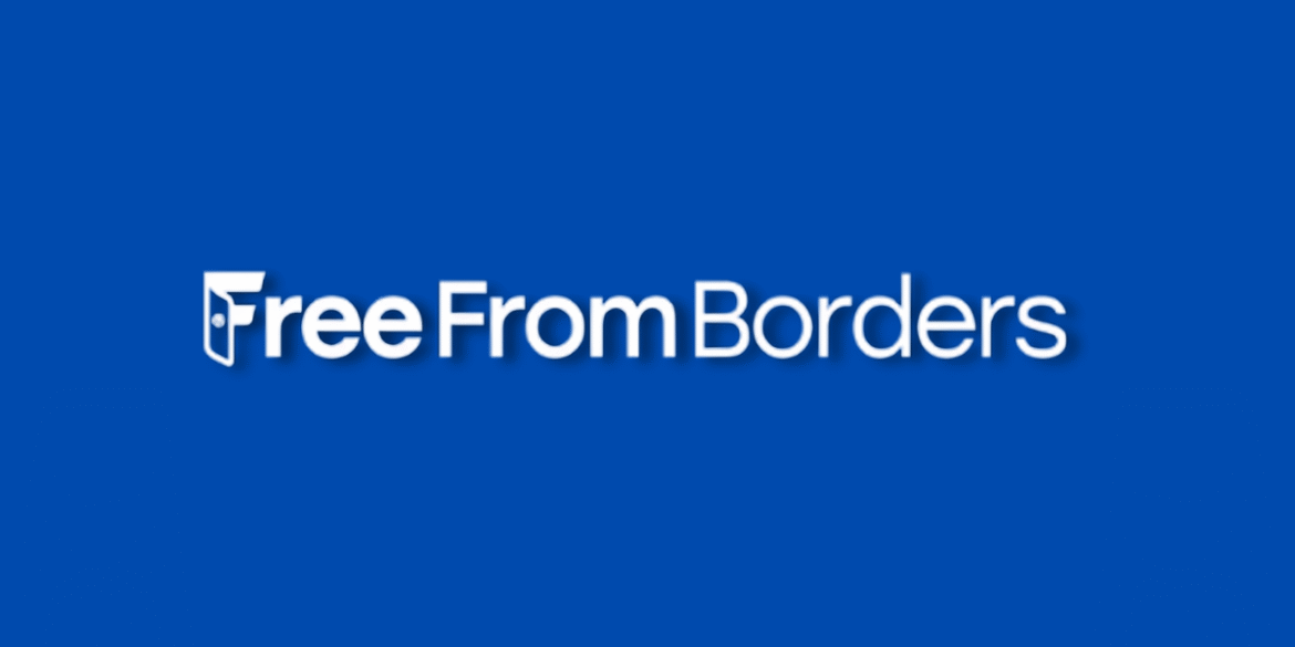 Logo of FreeFromBorders, featuring clean white text on a bold blue background, with a symbolic lock incorporated into the design.