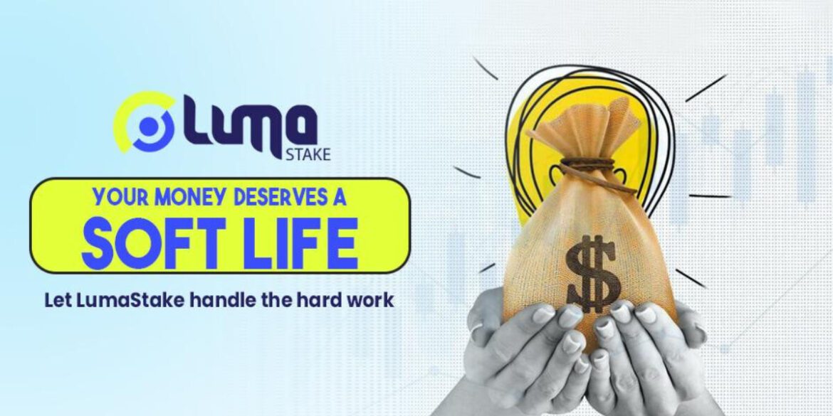 An illustration with a money bag and a dollar symbol, emphasizing passive income through LumaStake's secure crypto platform