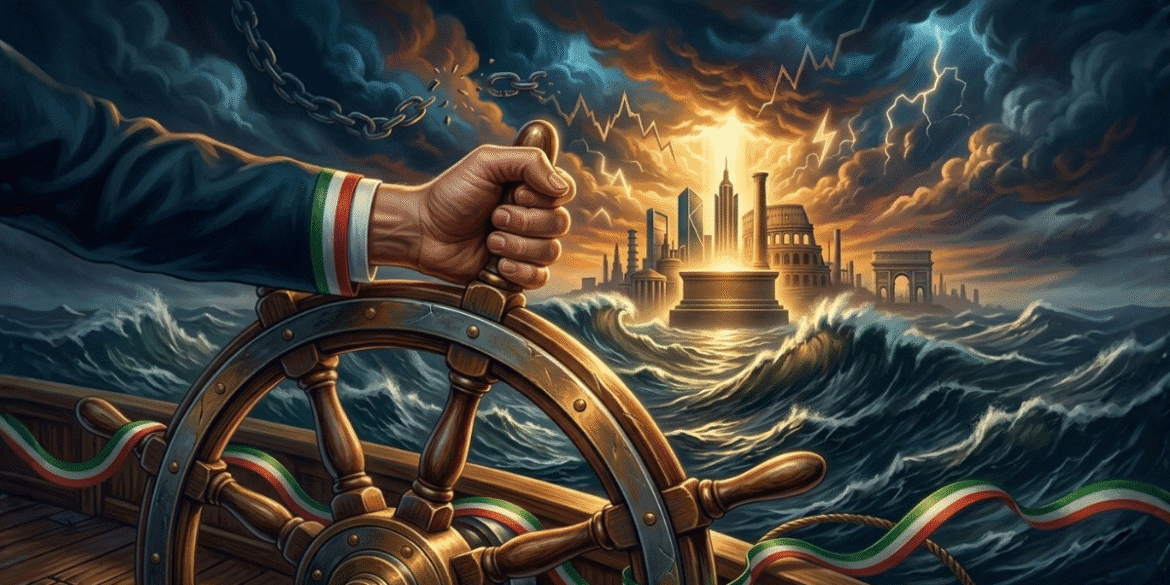 Hand gripping ship wheel amid stormy seas, lightning, and Italian skyline symbolizing economic turmoil and resilience.
