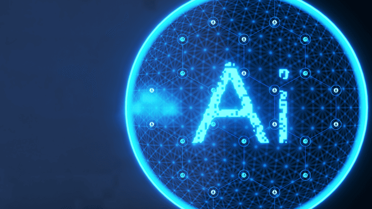 Abstract digital representation of "AI" surrounded by illuminated nodes and connections
