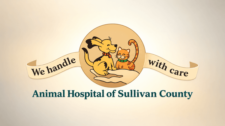 Logo featuring a dog and cat with a hand, for Sullivan County Animal Hospital