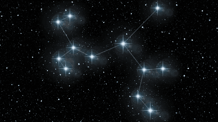 A constellation of stars connected by lines against a dark starry background